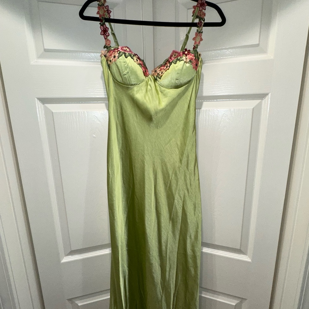 Y2K Green Floral Embroidered Satin Maxi Dress